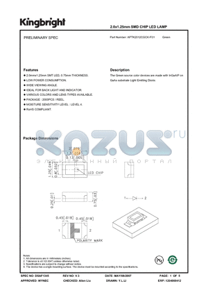 APTK2012CGCK-F01 datasheet - 2.0x1.25mm SMD CHIP LED LAMP