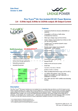 APTH006A0X4-SRZ datasheet - Pico TLynx 6A: Non-Isolated DC-DC Power Modules