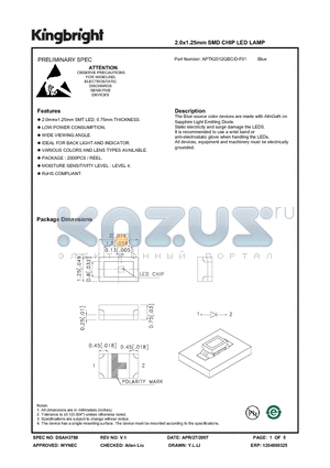 APTK2012QBC-D-F01 datasheet - 2.0x1.25mm SMD CHIP LED LAMP
