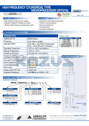 AB308 datasheet - HIGH FREQUENCY CYLINDRICAL TYPE MICROPROCESSOR CRYSTAL