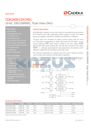 CDK3400CTQ48Y datasheet - 10-bit, 100/150MSPS, Triple Video DACs