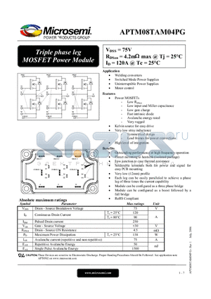 APTM08TAM04PG datasheet - Triple phase leg MOSFET Power Module