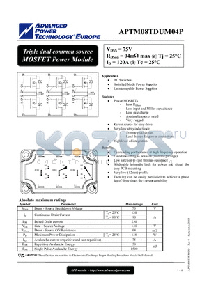 APTM08TDUM04P datasheet - Triple dual common source MOSFET Power Module