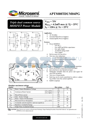 APTM08TDUM04PG datasheet - Triple dual common source MOSFET Power Module