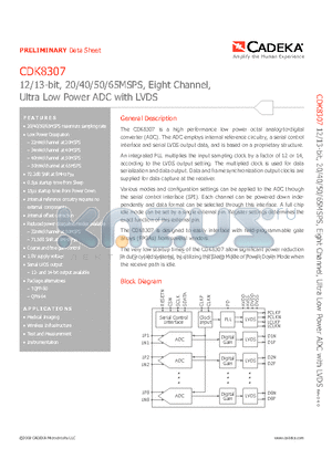CDK8307AITQ80 datasheet - 12/13-bit, 20/40/50/65MSPS, Eight Channel, Ultra Low Power ADC with LVDS