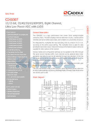 CDK8307AITQ80 datasheet - 12/13-bit, 20/40/50/65/80MSPS, Eight Channel, Ultra Low Power ADC with LVDS