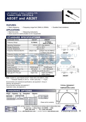 AB38T datasheet - LOW FREQUENCY, 32.768kHz CYLINDRICAL TYPE TUNING FORK CRYSTALS