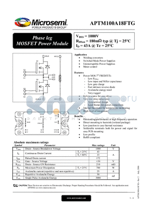 APTM100A18FTG datasheet - Phase leg MOSFET Power Module