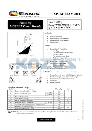 APTM100AM90FG datasheet - Phase leg MOSFET Power Module