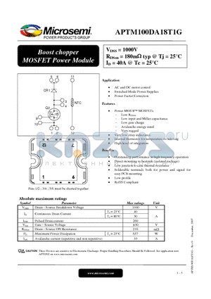 APTM100DA18T1G datasheet - Boost chopper MOSFET Power Module