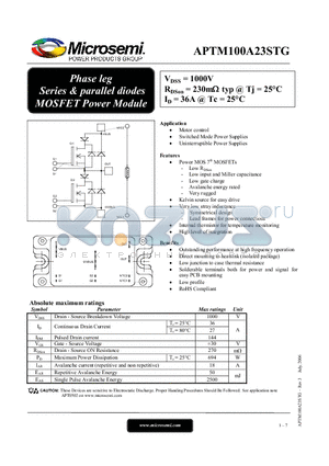 APTM100A23STG datasheet - Phase leg Series & parallel diodes MOSFET Power Module