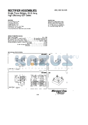 802 datasheet - RECTIFIERS ASSEMBLIES SINGLE PHASE BRIDGES, 20-35 AMP, STANDARD HIGH EFFICIENCY, ESP SERIES