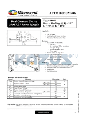 APTM100DUM90G datasheet - Dual Common Source MOSFET Power Module