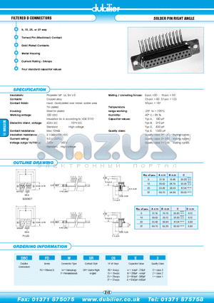 DBCFDFSR15A1 datasheet - FILTERED D CONNECTORS SOLDER PIN RIGHT ANGLE