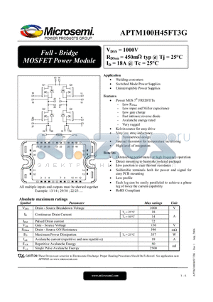 APTM100H45FT3G datasheet - Full - Bridge MOSFET Power Module