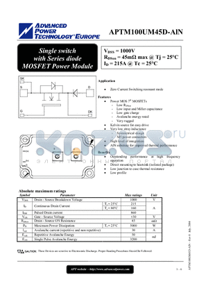 APTM100UM45D-ALN datasheet - Single switch with Series diode MOSFET Power Module