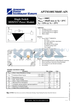 APTM100UM60F-ALN datasheet - Single Switch MOSFET Power Module