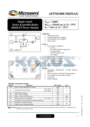 APTM100UM65SAG datasheet - Single switch Series & parallel diodes MOSFET Power Module