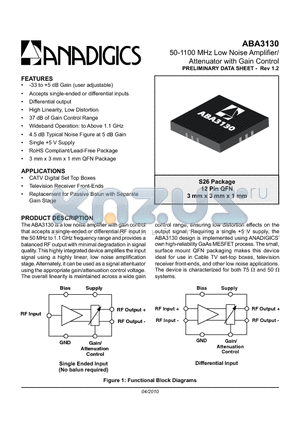 ABA3130 datasheet - 50-1100 MHz Low Noise Amplifier/Attenuator with Gain Control