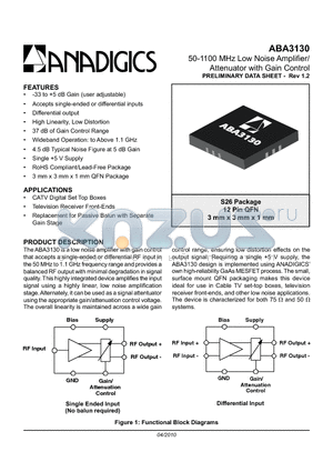 ABA3130RS26Q1 datasheet - 50-1100 MHz Low Noise Amplifier/Attenuator with Gain Control