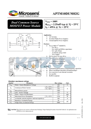 APTM10DUM02G datasheet - Dual Common Source MOSFET Power Module