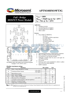 APTM10HM19FT3G datasheet - Full - Bridge MOSFET Power Module