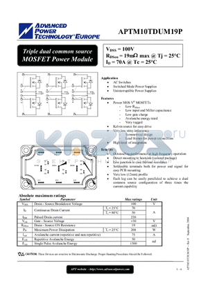 APTM10TDUM19P datasheet - Triple dual common source MOSFET Power Module