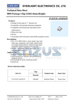 17-21-Y2C-AN1P2-3T datasheet - 0805 Package Chip LED(1.0mm Height)