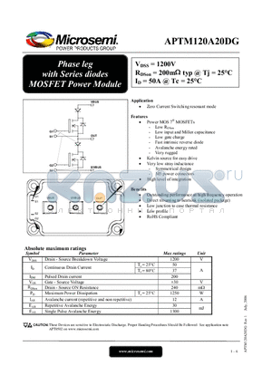 APTM120A20DG datasheet - Phase leg with Series diodes MOSFET Power Module