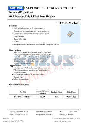 17-215-B6C-YP2R2-3T datasheet - 0805 Package Chip LED(0.8mm Height)