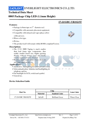 17-21/GHC-YR1S2/3T datasheet - 0805 Package Chip LED