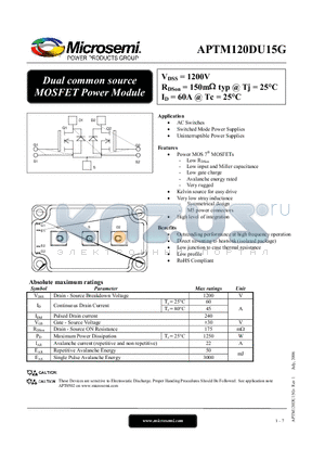 APTM120DU15G datasheet - Dual common source MOSFET Power Module