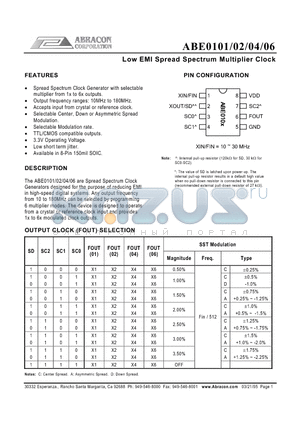 ABE0101 datasheet - Low EMI Spread Spectrum Multiplier Clock