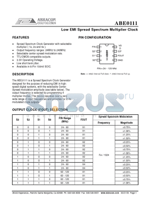 ABE0111 datasheet - Low EMI Spread Spectrum Multiplier Clock