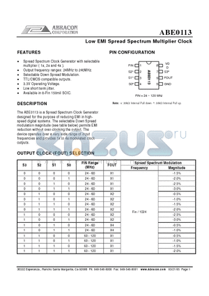 ABE0113SC datasheet - Low EMI Spread Spectrum Multiplier Clock