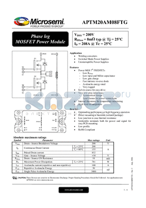 APTM20AM08FTG datasheet - Phase leg MOSFET Power Module