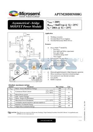APTM20DHM08G datasheet - Asymmetrical - bridge MOSFET Power Module
