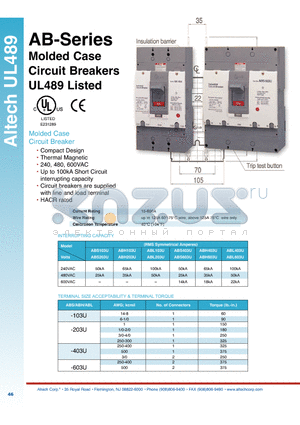 ABH103U80A datasheet - Molded Case Circuit Breakers UL489 Listed
