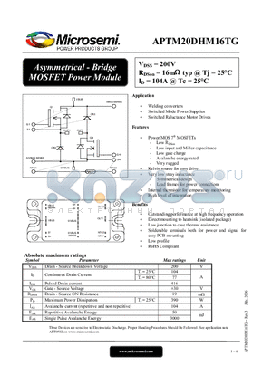 APTM20DHM16TG datasheet - Asymmetrical - Bridge MOSFET Power Module