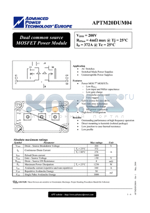APTM20DUM04 datasheet - Dual common source MOSFET Power Module