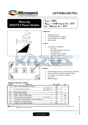 APTM50AM17FG datasheet - Phase leg MOSFET Power Module