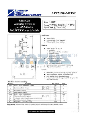 APTM50AM19ST datasheet - Phase leg Schottky Series & parallel diodes MOSFET Power Module