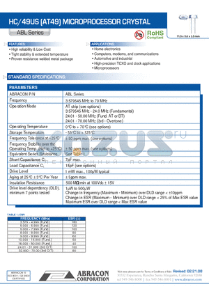 ABL datasheet - HC/49US (AT49) MICROPROCESSOR CRYSTAL