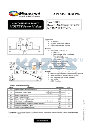 APTM50DUM19G datasheet - Dual common source MOSFET Power Module
