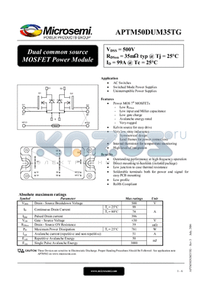 APTM50DUM35TG datasheet - Dual common source MOSFET Power Module