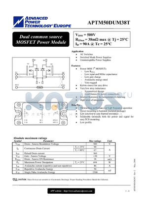 APTM50DUM38T datasheet - Dual common source MOSFET Power Module