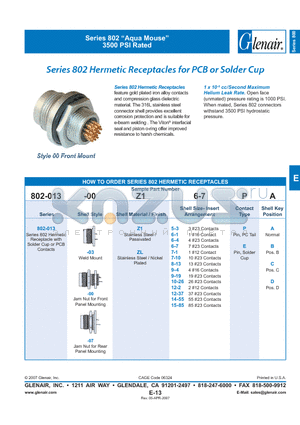 802-013-00Z15-3PA datasheet - Hermetic Receptacles for PCB or Solder Cup