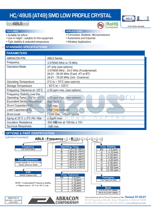 ABLS datasheet - HC/49US (AT49) SMD LOW PROFILE CRYSTAL