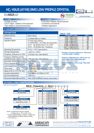 ABLS datasheet - HC/49US (AT49) SMD LOW PROFILE CRYSTAL