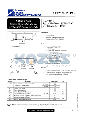 APTM50UM19S datasheet - Single switch Series & parallel diodes MOSFET Power Module